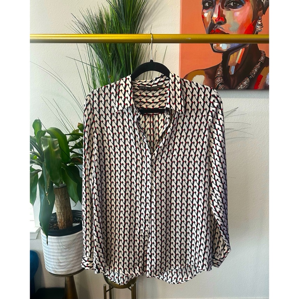 Zara Patterned Collared Satin Button Up Shirt - Size Medium